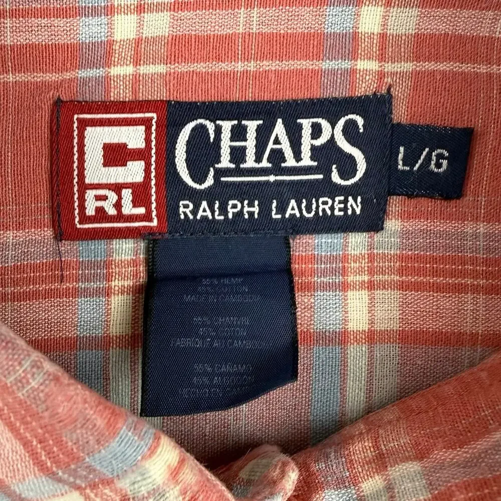 Chaps Ralph Lauren Plaid Button-Up Shirt Hemp Cotton Coral 90s Y2K Large